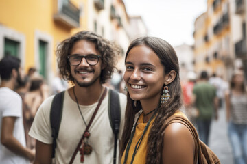 everyday life in the life of a young adult woman and man, tourists or backpackers or city trip or on vacation or excursion, in a city