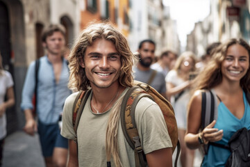 everyday life in the life of a young adult woman and man, tourists or backpackers or city trip or on vacation or excursion, in a city 