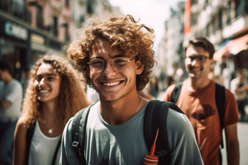 Fototapeta premium everyday life in the life of a young adult woman and man, tourists or backpackers or city trip or on vacation or excursion, in a city