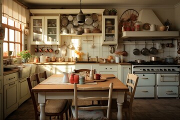 Vintage-style kitchen featuring a worn yet charming appeal with a white countertop. Generative AI