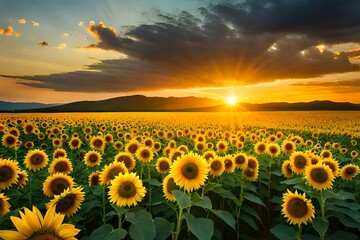 image of a sunflower field at sunset, with the golden blooms stretching as far as the eye can see