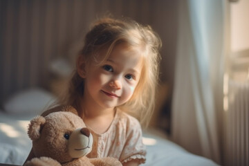 a toddler, a child girl, at home in the children's room sitting on her cot, with a cuddly toy, a teddy bear, joyful grin or smile, good mood