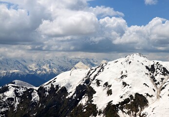 View of the Caucasus mountains covered in snow, Mestia, Gerogia. Snow capped mountains.