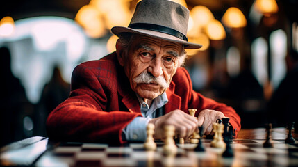 oldman hat chess restoraunt - obrazy, fototapety, plakaty