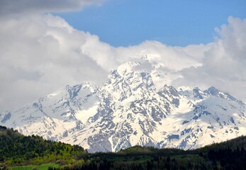 Obraz premium View of the Caucasus mountains covered in snow, Mestia, Gerogia. Snow capped mountains.
