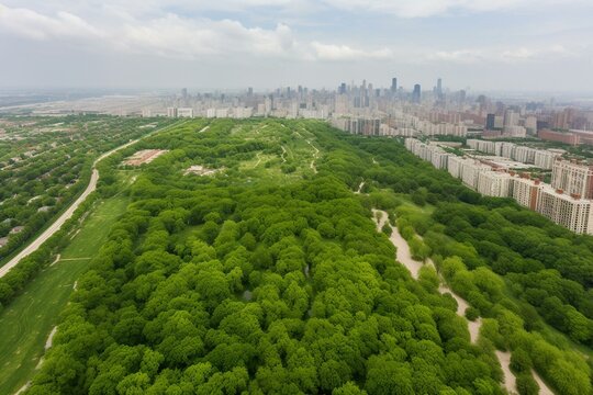 Bird's-eye view of urban cityscape and green space in Chicago. Generative AI