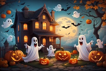 Haunted house with halloween pumpkins, ghosts and bats under full moon, Happy Halloween, Generative AI