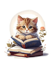 Cat cozily nestled in a reading nook, engrossed in a book, Generative AI
