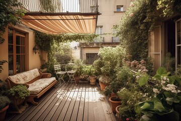 Fototapeta na wymiar Terrace of a house with hedges, ornamental plants, wooden floors, sunbeds, and awnings. Generative AI