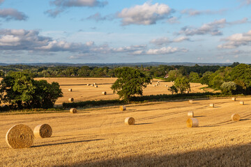 A rural Sussex farm landscape with straw bales in the fields after harvesting