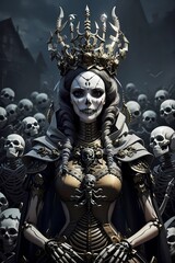 Undead Queen of worms with her skeletons army, in a long dark tunnel, Happy Halloween, Generative AI