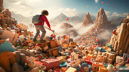 Child surrounded by toys in a fantasy world. Children's education and imagination. Encourage children's creativity and free play. Adventures, tales and children's stories. Generative ai. - obrazy, fototapety, plakaty