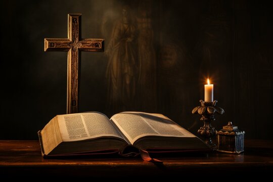 An image featuring a cross and a holy Bible. Generative AI