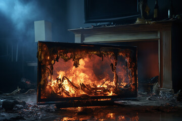 Gros plan d'une télévision en flammes dans un salon » IA générative