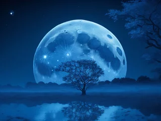 Wall murals Full moon and trees Big blue moon, beautiful moonlight in nature, Full blue moon with star at dark night sky