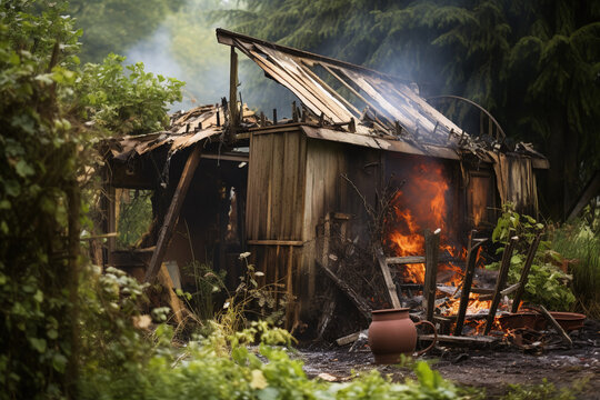 Gros plan d'une cabane de jardin en bois incendi&eacute;e &raquo; IA g&eacute;n&eacute;rative
