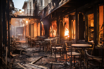 Fototapeta na wymiar Vue de la terrasse d'un restaurant incendié » IA générative