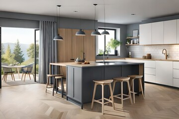 Fototapeta premium Digitally generated modern Scandinavian style domestic kitchen interior design.