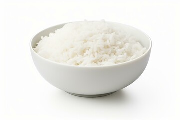 A bowl of rice on a white background, seen from above, with a transparent background. Generative AI