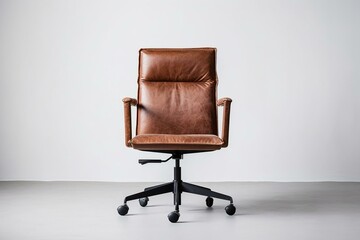 Modern office chair in brown leather on white background. Generative AI