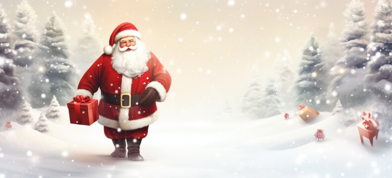 Festive Santa Claus delivering gifts in snow. Concept of Christmas magic.