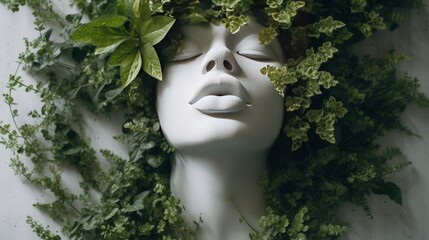 Fototapeta premium White statue woman with green plants. Generative ai