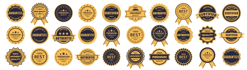 Fotobehang Retro compositie Vintage quality badges collection. Guaranteed, premium quality, authentic, certified, best quality label for promotion. Orange and blue quality badge medal