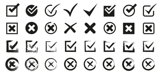Check and cross icon collection. Doodle check marks and cross symbol. Accept, wrong, choose, delete, vote symbols. Set of filled boxes for answers in test