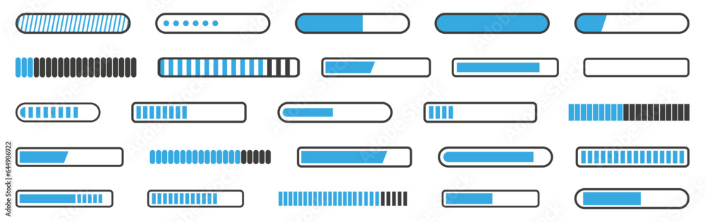 Poster Loading progress bar icon collection. Set of progress scale of process. Upgrade, status, upload, loading app bar. Load indicator bar collection