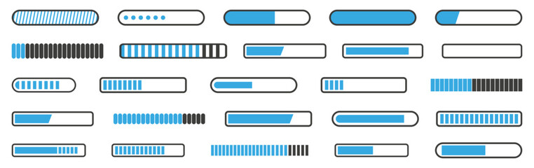 Loading progress bar icon collection. Set of progress scale of process. Upgrade, status, upload, loading app bar. Load indicator bar collection