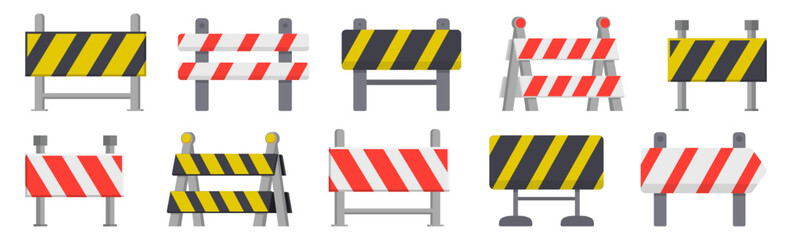 Construction and road barrier collection in a flat design. Road barrier and street fence. Road repair barriers collection. Under construction fence set