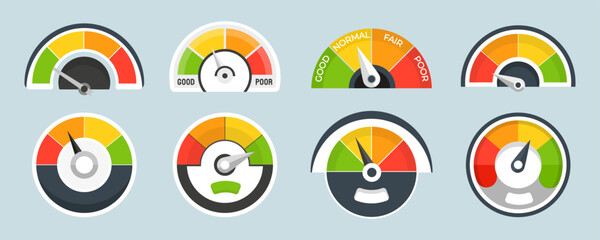 Gauge meter indicator icon collection. Speedometer, gauge meter, indicator, scale, level icons in a flat design. Satisfaction ratings of varying degrees