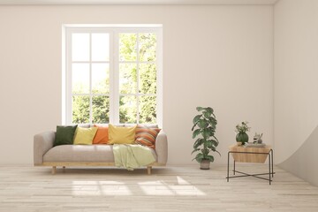 Bright interior design with modern furniture and summer landscape in window. 3D illustration