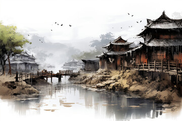 Chinese village scenery by the river, Zen ink hand painting