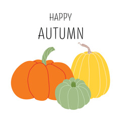 Happy autumn card. Hand drawn pumpkins on white background. Vector harvest, autumn design element for poster, banner, badge, label, print, card