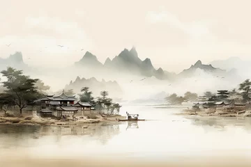 Stoff pro Meter Chinese village scenery by the river, Zen ink hand painting © Artroom