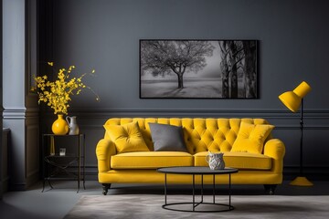 Yellow sofa and decor complement gray wall in living room. Generative AI