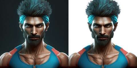 Fototapeta premium Athletic male gamer in blue. Dynamic eSport character isolated for overlays..