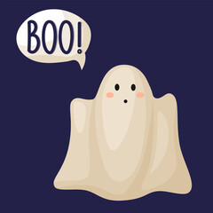 Cute funny happy ghost. Childish creepy character with word cloud. Magic scary spirit with different emotions and facial expressions. Isolated flat vector illustration of comic phantom
