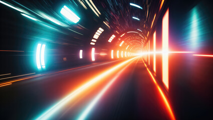 Warp speed space travel illustration, abstract flight in neon hyper warp space tunnel. Perfect for level design and retro futurism scenes. - obrazy, fototapety, plakaty