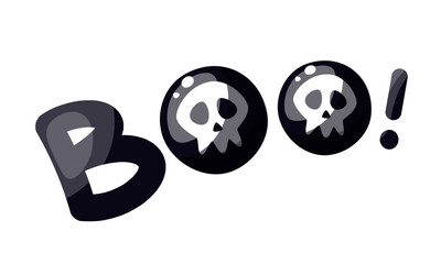 "Boo" lettering in black. Stylized vector text. Festive illustration on white background for Halloween Day.
