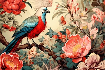 Charming vintage floral artwork with exotic birds and flowers, designed for wallpaper, fabric, packaging, or mural. Generative AI