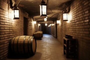 An underground passage with barrels, hanging light, brick floor and wall, and a light fixture. Generative AI
