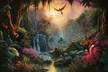A vintage depiction of a lush rainforest with a stunning waterfall, vibrant birds, graceful flamingos, butterflies, and an antique vibe. Generative AI