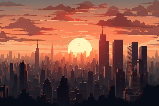 Animated city skyline with lo-fi style. Generative AI