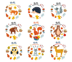 Hello autumn. Woodland animals set. Cartoon animals, hand drawing lettering. Card with leaves, autumn elements and cute forest animals on white background.Design for cards, print, poster, scrapbooking
