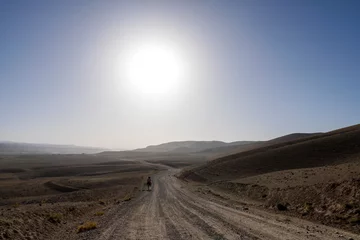 Tuinposter A man and his donkey traveling on an empty road towards setting sun in Hindu Kush, Central Afghanistan © Janos
