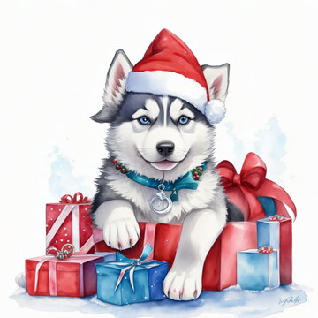 A cute adorable Christmas husky puppy wearing a Santa hat, with presents, watercolor, clipart, white background, watercolor, high-quality photo holiday, festive, Christmas