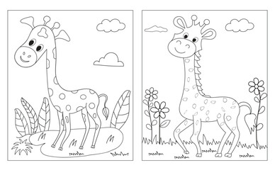 Giraffe cartoon characters isolated on white background. For kids coloring book.