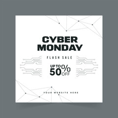Obraz premium Realistic Cyber Monday 50 Percent Discount Social Media Post Template in White Background